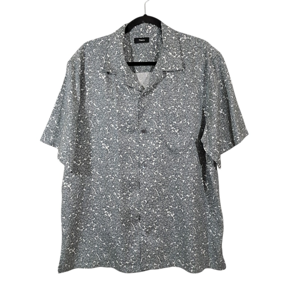 Theory Mens Short‎ Sleeve Button Down Shirt Size XL Green Noll GeoFlora Lyocell